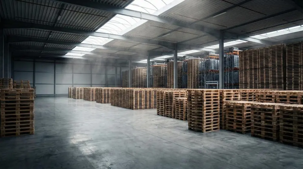 Expansive modern warehouse interior filled with towering stacks of new wooden pallets, showcasing massive industrial inventory ready for nationwide and international delivery.