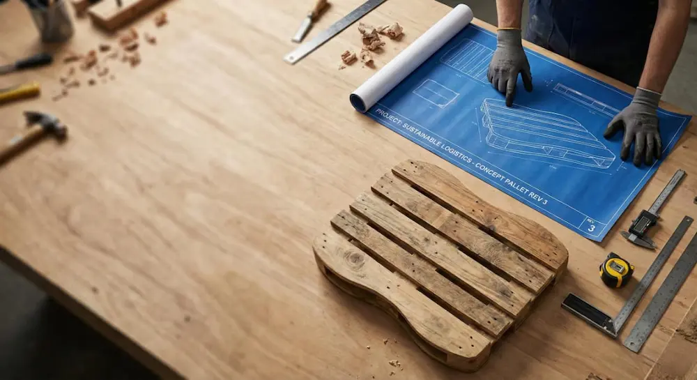 Industrial workbench showing a custom wooden pallet prototype next to design blueprints and measuring tools, demonstrating bespoke pallet manufacturing.